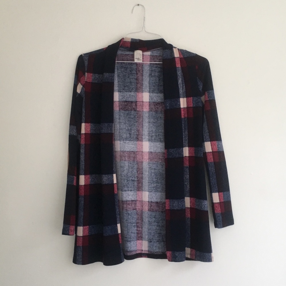 Plaid cardigan with elbow patches